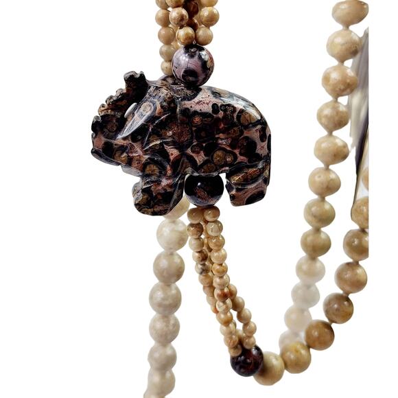 Vintage Pink Spotted Leopard Jasper Carved Elephant Beaded Necklace - Picture 4 of 11